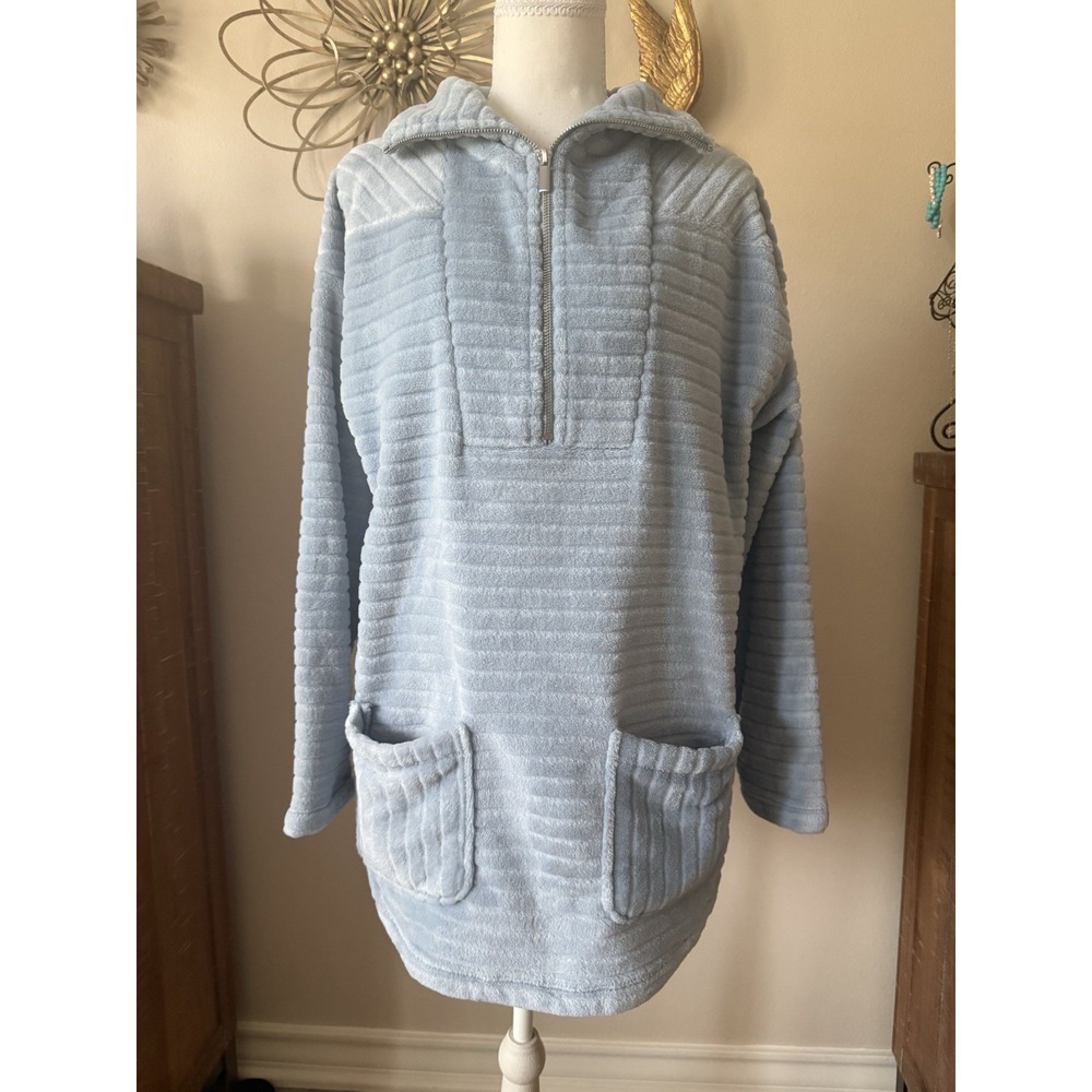 Soft Surroundings Fleece Tunic Pullover Women M Blue Ribbed 1/4 Zip Pockets